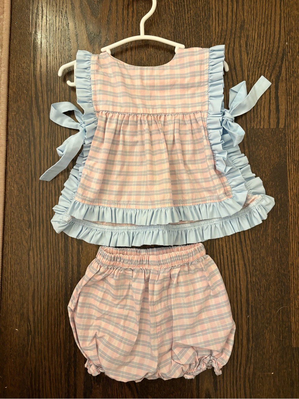 Pink & Light Blue Plaid Ruffle Top and Bloomers Set